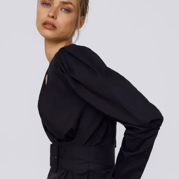 NWT* Zara Belted Puff Shoulder Poplin Wrap Blouse Black Top Shirt - Picture 8 of 12